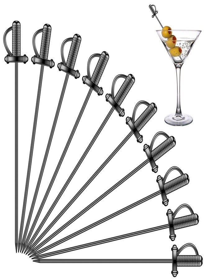 Perthlin 10 Pieces Stainless Steel Cocktail Picks Toothpicks 4.3 Inch Sword Metal Martini Drink Pick Sticks Appetizer Reusable Skewers Food Fruit Cocktail Toothpicks for Birthday Wedding Beach (Black) - Image 1
